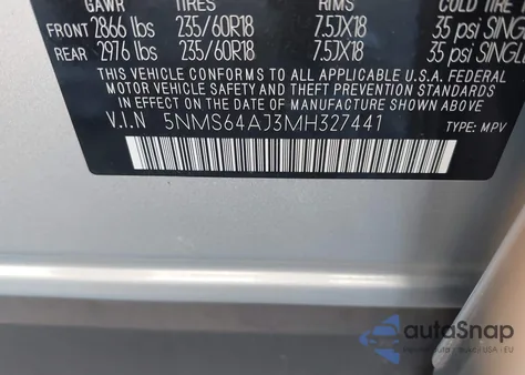 2021 Hyundai Santa Fe Sel z USA, uszkodzony, nr VIN 5NMS64AJ3MH327441